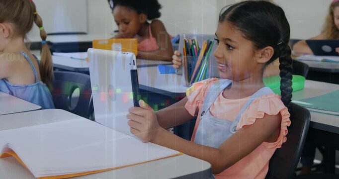 Girl with braids tapping tablet and causing animated lesson graphics guiding class tasks