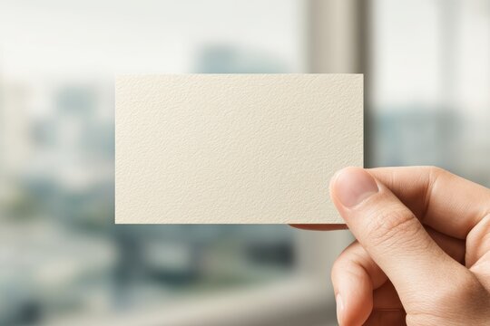 Close-up of a single blank business card held by a hand against a blurred office window background, professional networking mockup