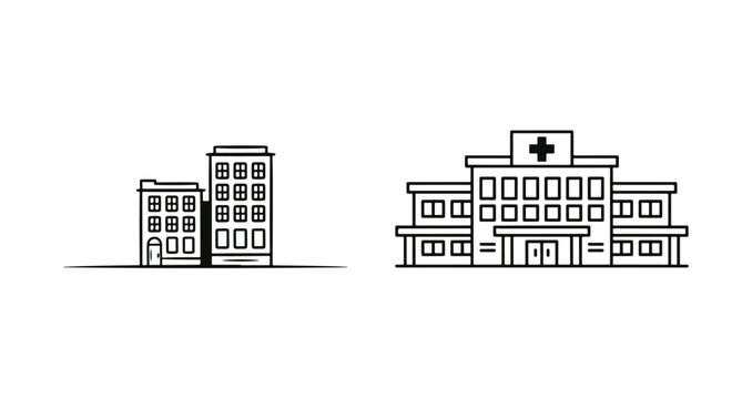 Outline drawings of two building structures one hospital and one residential complex