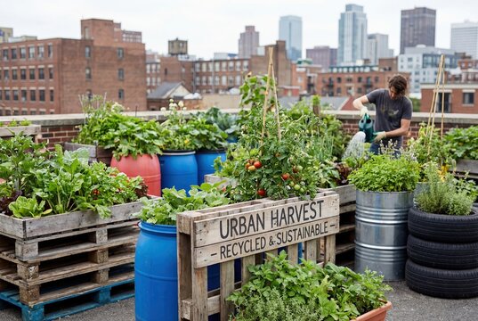 Man waters a vibrant urban rooftop garden, cultivating fresh organic vegetables and herbs in recycled containers like barrels and pallets. Sustainable city farming, city view.