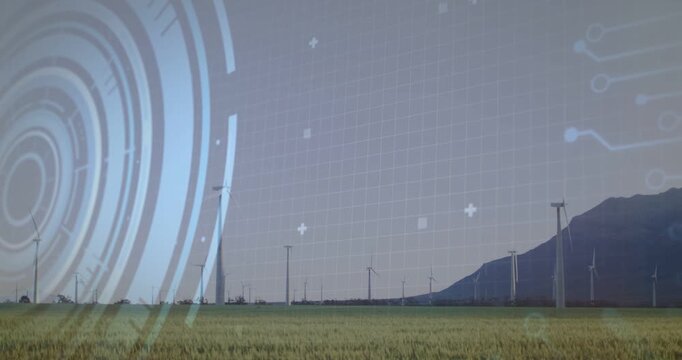 Wind farm being overlaid on play by pulsing HUD and scrolling code, showing energy metrics