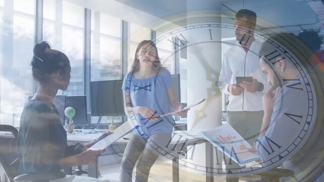 Lead raising sheet handing yellow file guiding biz team on reports with clock overlay closing deal