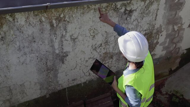 Building inspector examining severe mold and moisture damage on a basement ceiling, documenting structural issues with a digital tablet for property assessment and remediation planning