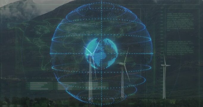 Vertical video: Hologram appearing over turbines, globe turning, rings shifting, HUD updating power