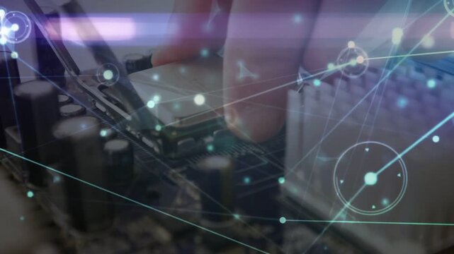 Vertical video: Tech entering aligning CPU into socket, locking lever seating CPU as HUD maps links