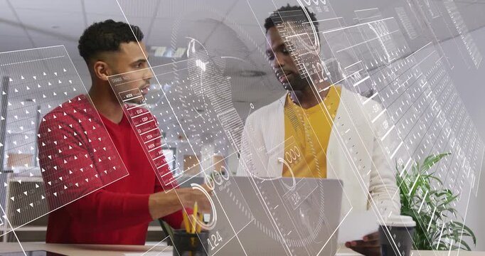 Two men using yellow tool at laptop, activating AR HUD aligning across both for business review