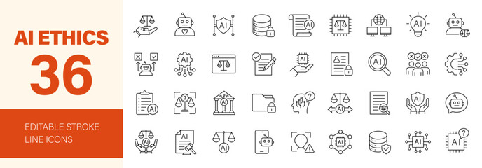 Plakat AI ethics icon set. Editable line icons. Vector illustration.
