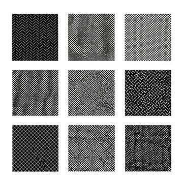 Classic tweed fabric patterns, set of 9 black and white textile swatches, herringbone and houndstooth vector textures for fashion apparel design