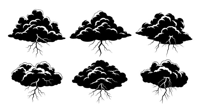 Stormy thundercloud vector set, black storm clouds with lightning bolts, dramatic weather icons for comic and tattoo design, 6 dark cloud elements
