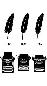 Vintage writing tools collection, black quill feather pens with 1886 date, antique manual typewriter silhouettes, vector set for literature and history