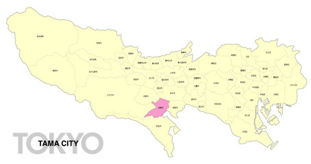 Obraz premium [日本地図] 東京都多摩市の市区町村名入り位置地図 
