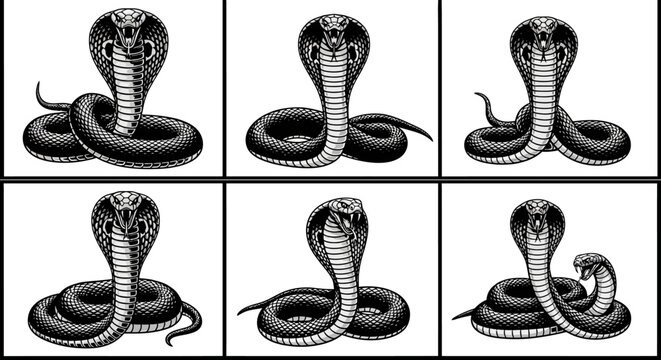 King cobra snake vector set, black and white serpent illustrations in 6 different poses, coiled king cobra mascot icons for logo design