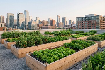 Fototapeta premium Vibrant urban rooftop garden featuring fresh organic vegetables and herbs in wooden raised beds, set against a modern city skyline, embodying sustainable living and local food production.