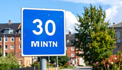 Fototapeta premium A blue speed limit sign in front of residential buildings and greenery