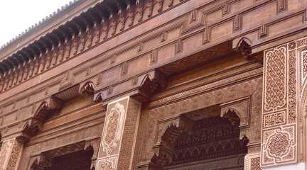 Carved and painted stucco and cedar wood on the south side of the small courtyard of the luxurious, Moorish style Bahia Palace. Marrakesh-Morocco-262 © rweisswald