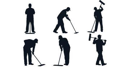 Fototapeta premium Professional cleaner silhouettes set, janitor service workers with mops and squeegees, 6 commercial cleaning staff vector icons for maintenance