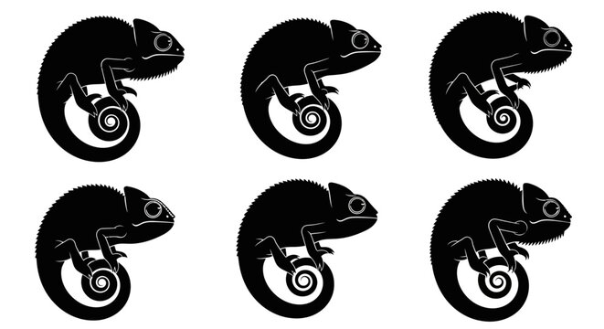 Black chameleon silhouette set, collection of 6 lizard icons, minimalist reptile vector graphics for branding and wildlife logos
