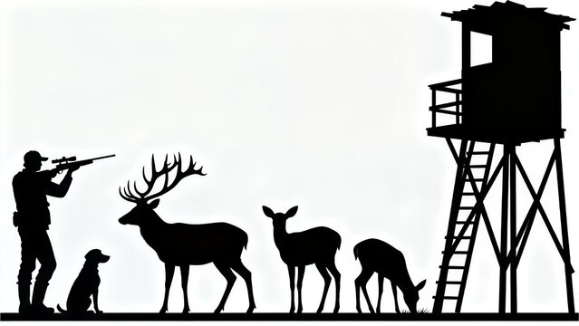Silhouette Hunting Scene: Hunter, Dog, Deer, and Elevated Blind at Dawn