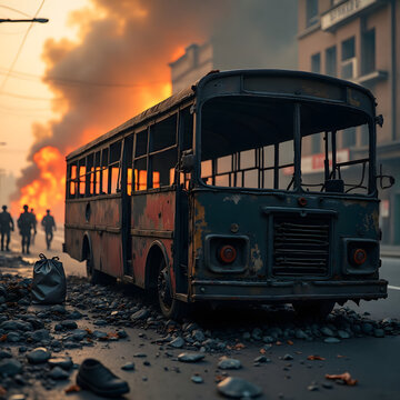 Burnt civilian bus on cratered street during city siege 2026.