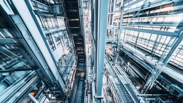 Modern industrial architecture featuring steel structures, intricate frameworks, and multiple escalators moving people within a complex facility, highlighting technology and advanced engineering