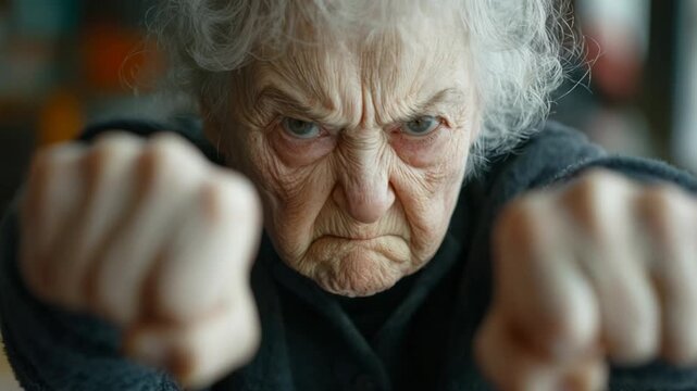 Furious grandmother with a fighting spirit looking at the camera with a determined expression