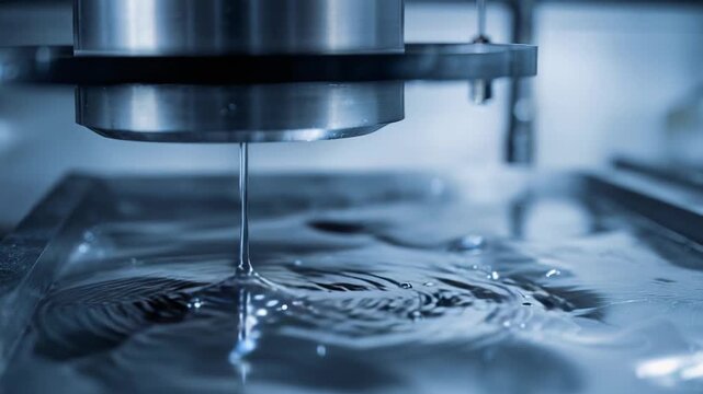Cooling liquid dripping slowly onto shiny metal surface of an advanced industrial machine, forming ripples and reflections for precision engineering and technological processes