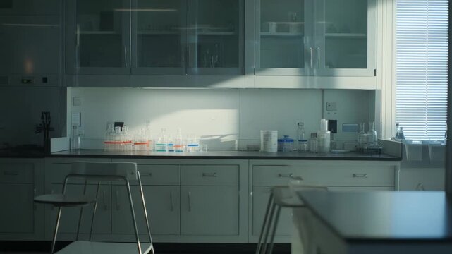 Clean, empty modern scientific laboratory interior with glassware, beakers and test tubes on a sunlit countertop by a large window with blinds, bright and sterile workspace