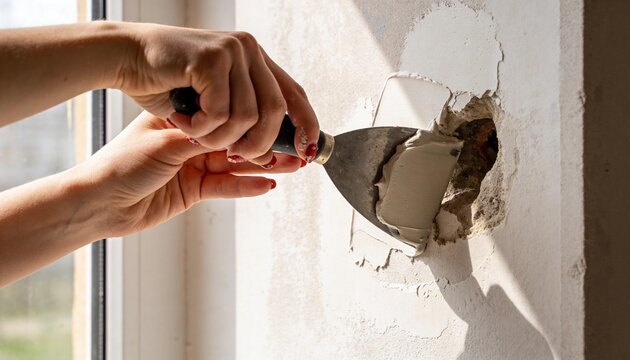 Spreading hands putting gray patch into hole by window, forearms bare holding black putty knife