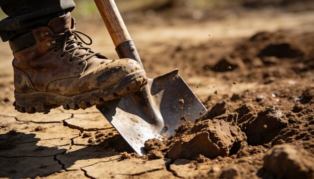 Pressing worn brown leather work boot driving shovel blade into dry cracked ground, lifting clods