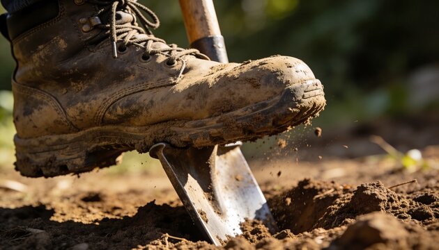 Pressing leather work boot, pants cuffed, onto shovel blade in garden, dislodging soil clods