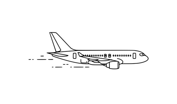 Modern airplane line art vector with motion lines side profile passenger jet isolated on white background
