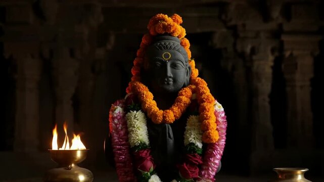 Decorative Vishnu idol adorned with vibrant flowers and lit diya during Ekadashi Vrata ritual in a traditional temple setting