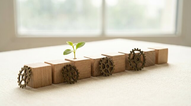 Staying adaptable sustainable growth risk management concept. A growing plant emerging from wooden gears, symbolizing progress.