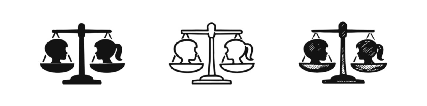 Gender equality scales icon set. Symbol of justice, equal rights, and male-female balance.