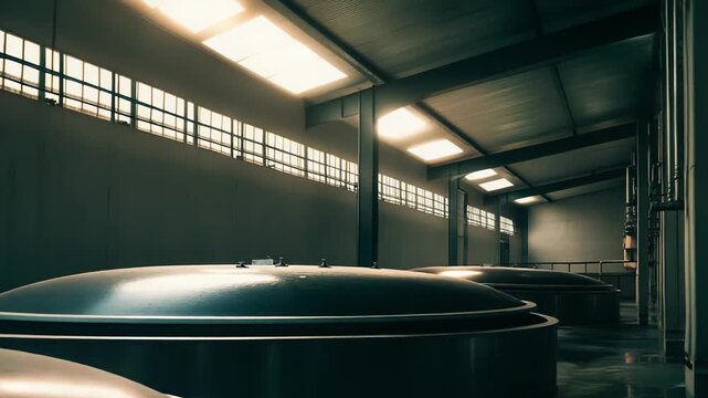 Large industrial facility interior featuring metal production tanks, pipelines, and a skylit ceiling, showcasing the process of brewing or distillation