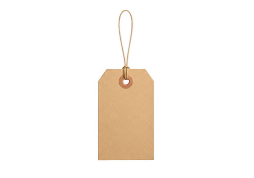 Simple brown paper tag hanging from a white string isolated on transparent background