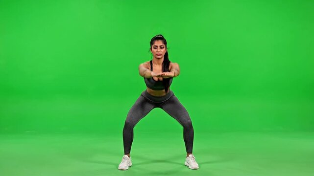 A strong healthy athletic young Indian woman performs wide stance squats a lower body strength training exercise on her legs