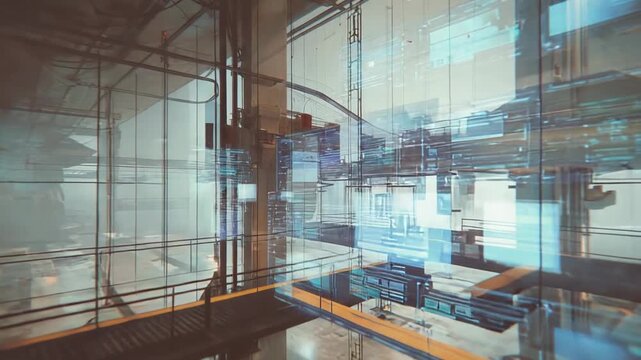 Futuristic architecture showcasing a complex interior structure with transparent glass walls, creating a sense of advanced technology in a digital laboratory setting