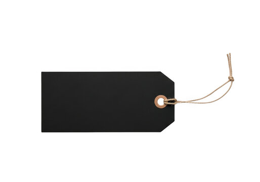 Black tag with a string attachment for product labeling and packaging isolated on transparent background