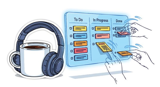 Productivity concept with coffee and headphones