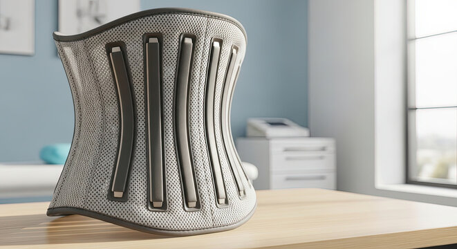 Medical orthopedic back brace on table in modern therapy room  