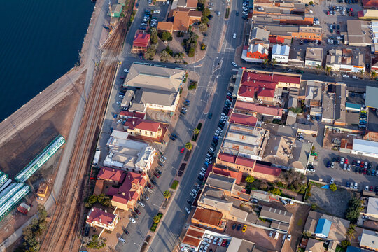 port pirie aerial view suburb city urban landscape street view buildings cars waterfront railway commercial area residential area south australia australia