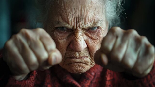 Very old woman with an angry expression looking at the camera and holding her fists up to fight