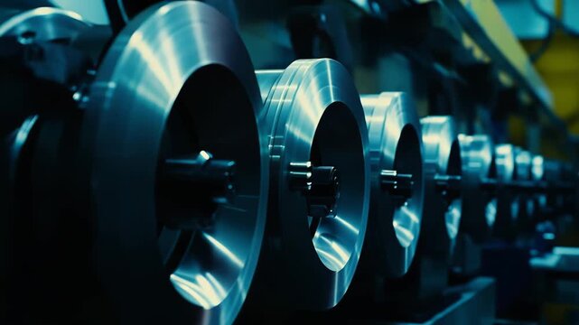 Industrial equipment featuring a line of polished metal rollers and gears, illustrating precision engineering and automated manufacturing in a modern factory setting