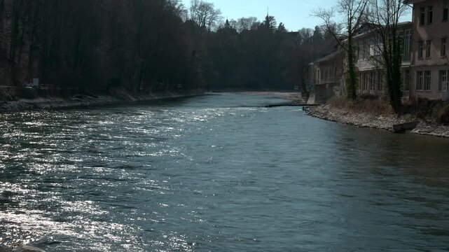 View of the Aare River with houses on the riverbank