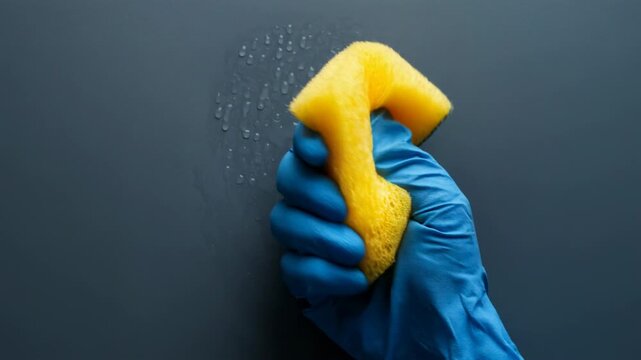Person wearing a blue rubber glove squeezing water out of a yellow sponge against a grey surface