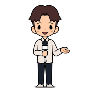 Cute cartoon news reporter holding microphone and gesturing. Professional male journalist character in chibi style. Vector illustration.