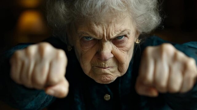Old woman with an angry face showing clenched fists, looking aggressive and ready to fight