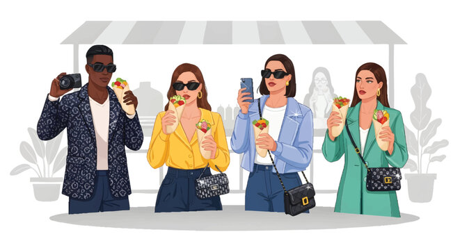 Four friends taking photos and eating donuts at outdoor stand