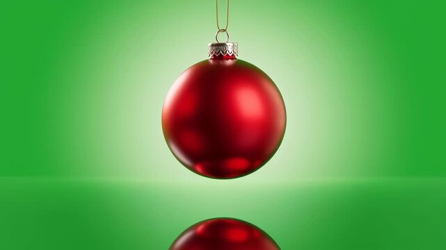 Ornament red Christmas ball with metallic cap hanging on string with reflection on green gradient background, studio shot.